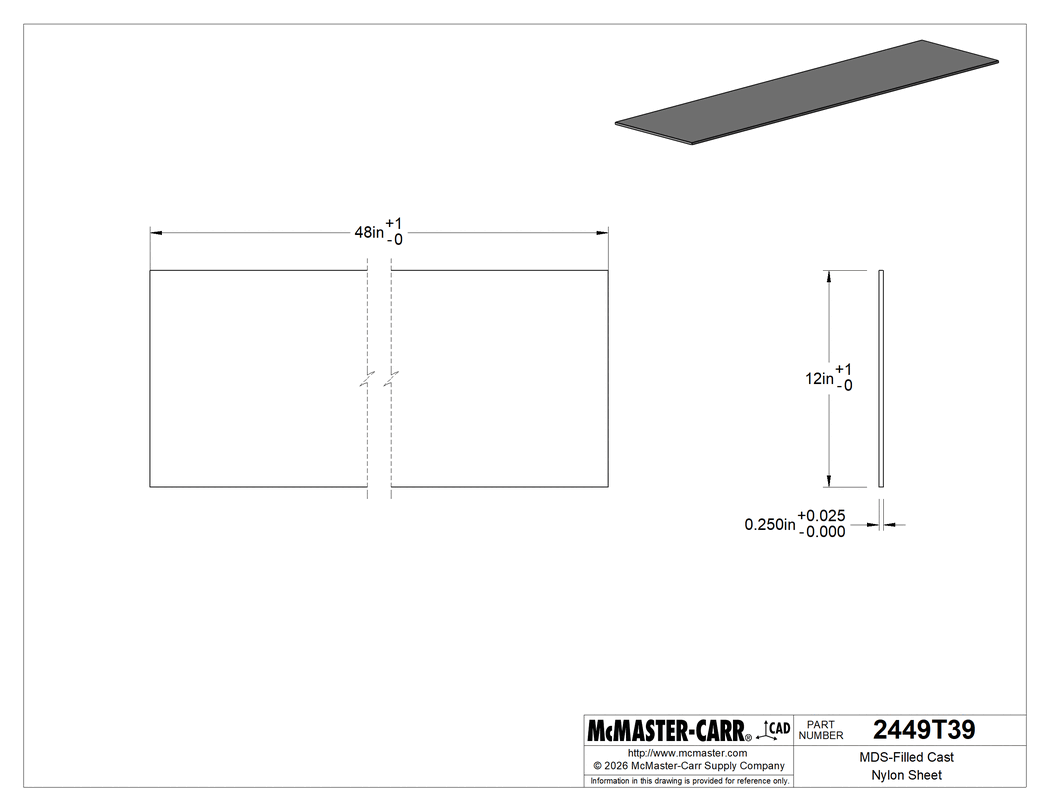 Technical Drawing of MDS-Filled Cast Nylon Sheet, Easy-to-Machine, Wear-Resistant, 1/4" Thick, 48" x 12".